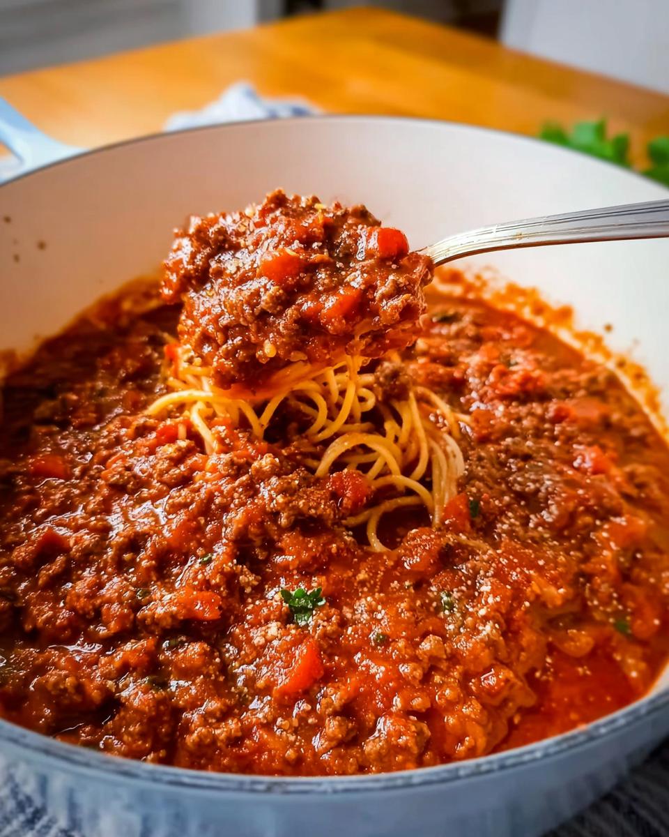 A spoonful of rich Easy Weeknight Meat Sauce being lifted from a pot of spaghetti.