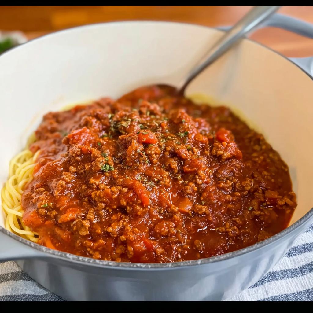 A close-up of a bowl filled with spaghetti topped generously with rich Easy Weeknight Meat Sauce.
