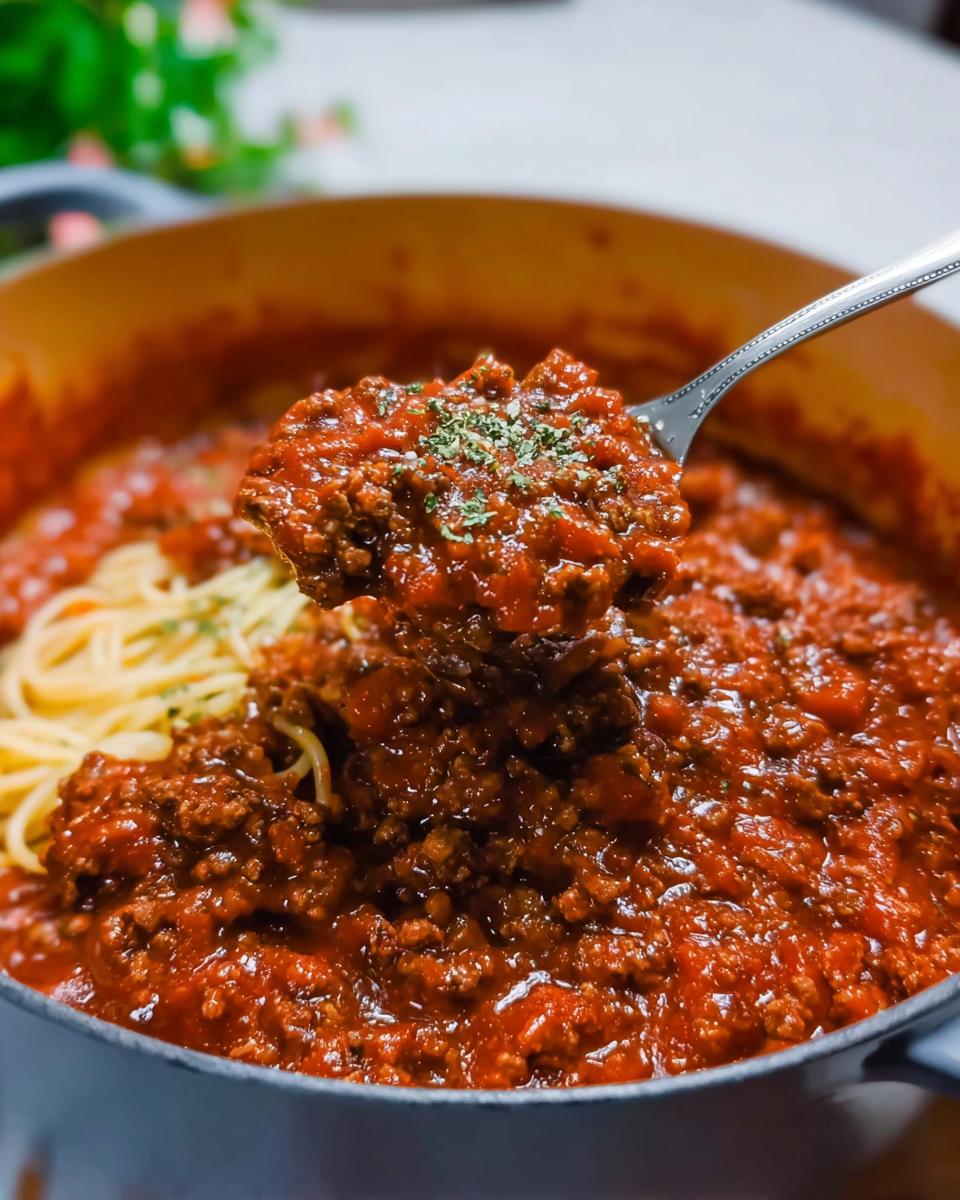 A spoonful of rich Easy Weeknight Meat Sauce loaded with ground beef being lifted from a pot containing spaghetti.