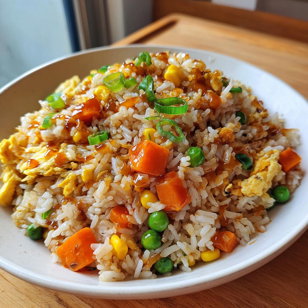 A close-up of a bowl filled with Everyday Veggie Fried Rice, featuring rice, carrots, peas, corn, scrambled egg, and a drizzle of sauce.