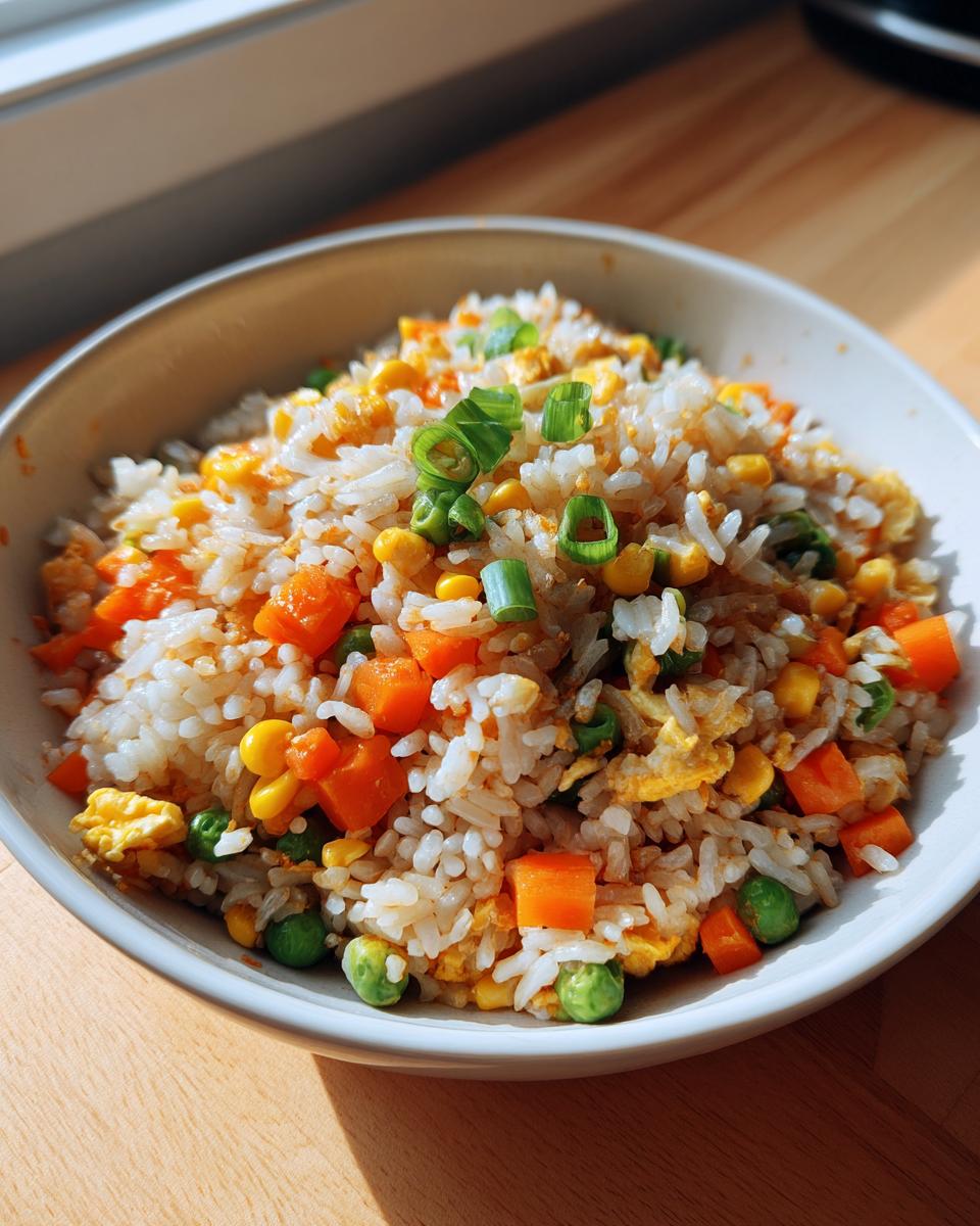 A close-up of a white bowl filled with Everyday Veggie Fried Rice, featuring white rice, diced carrots, corn, peas, and scrambled egg, topped with green onions.