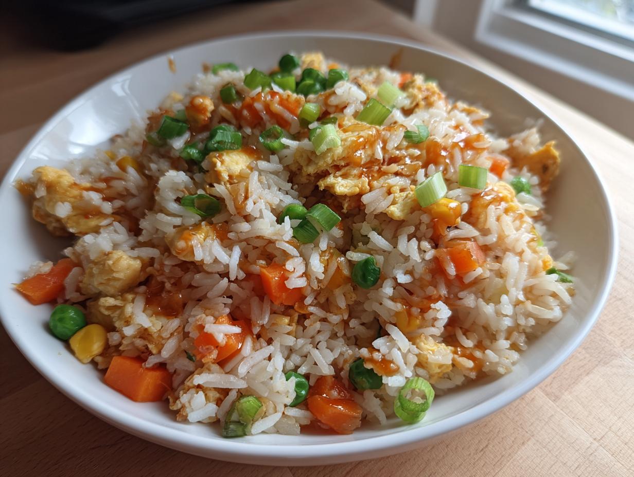 A close-up of Everyday Veggie Fried Rice served in a white bowl, featuring rice, scrambled egg, carrots, peas, and green onions.