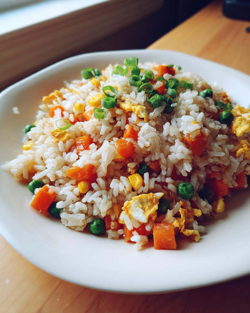 A close-up of Everyday Veggie Fried Rice served on a white plate, topped with green onions.