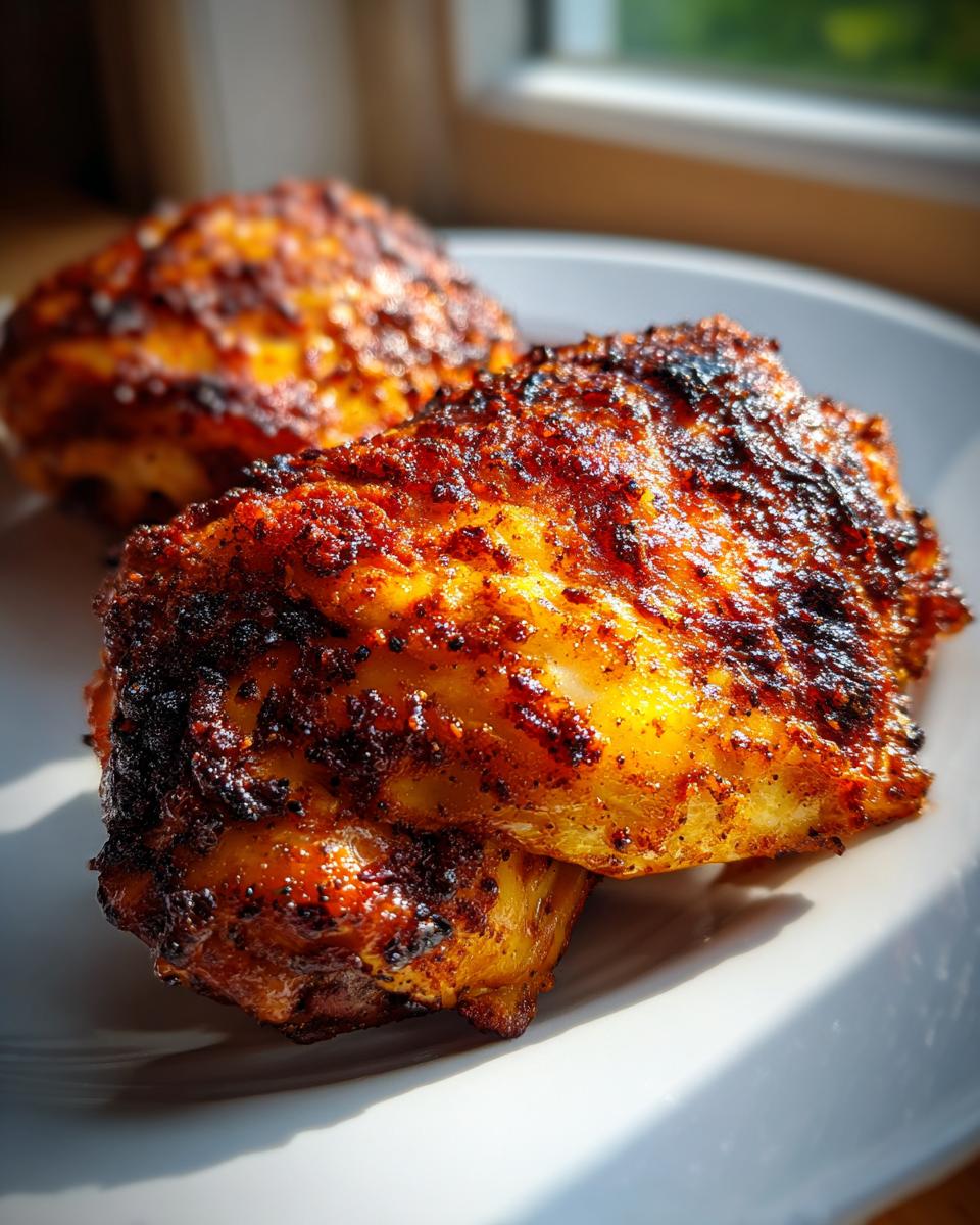 Close-up of two Extra Crispy Chicken Thighs in the Oven with a dark, flavorful spice rub, sitting on a white plate.