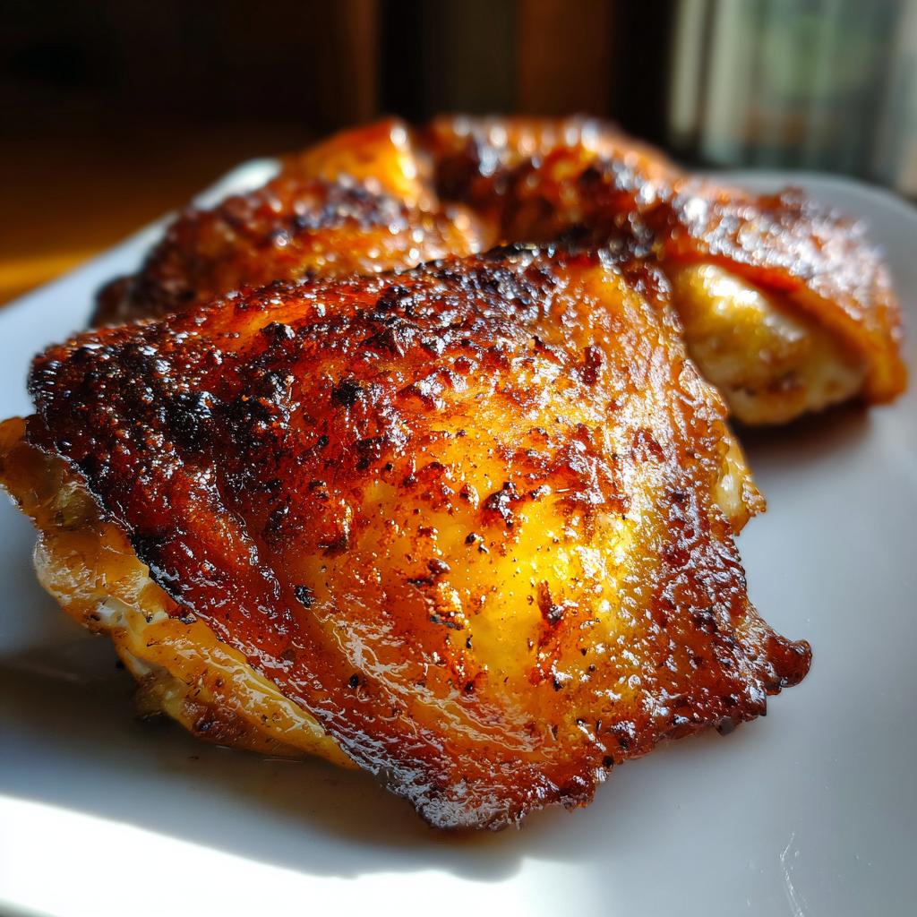 Close-up of Extra Crispy Chicken Thighs with beautifully browned, crackling skin on a white plate.