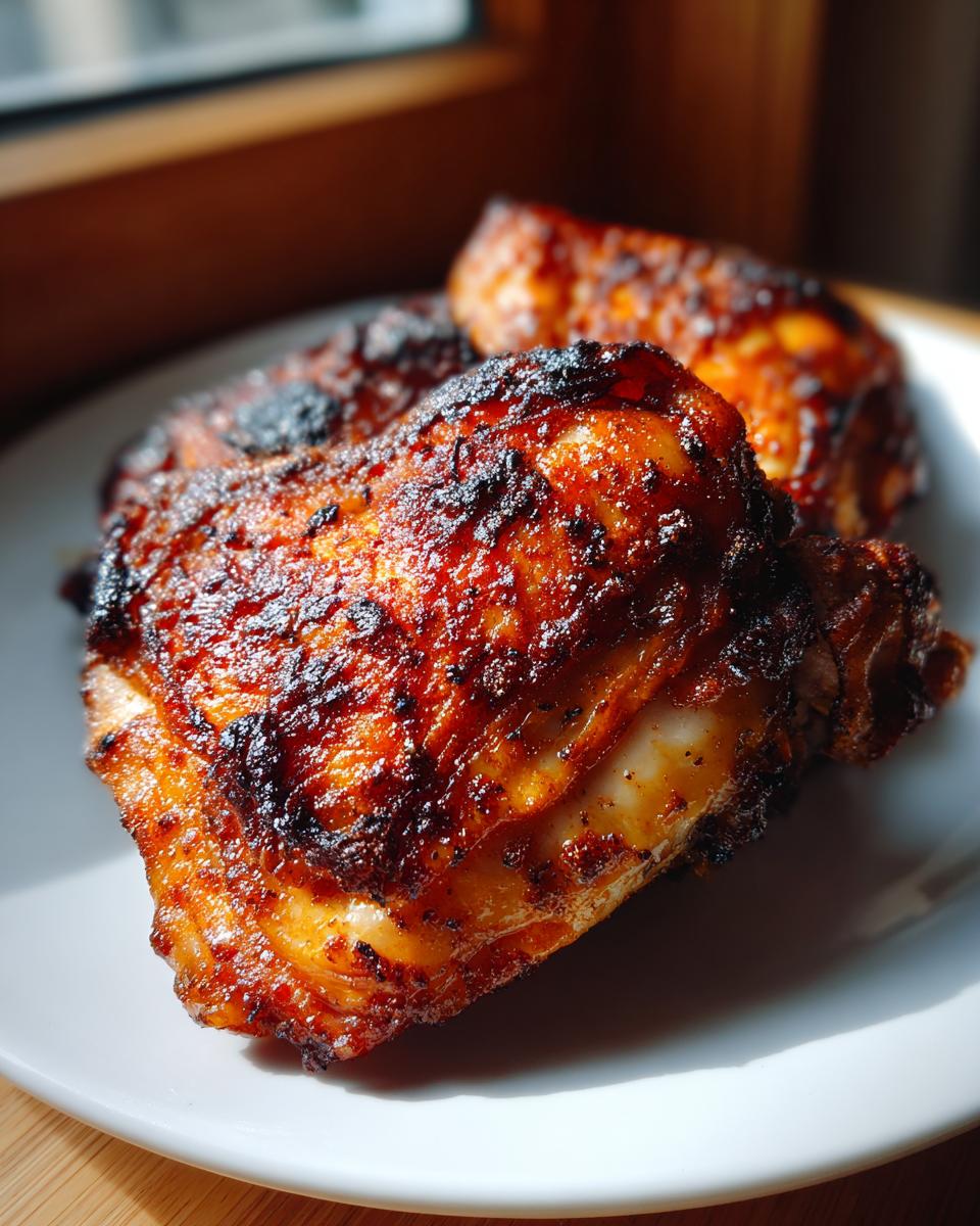 Close-up of three perfectly cooked Extra Crispy Chicken Thighs in the Oven with dark, caramelized skin.