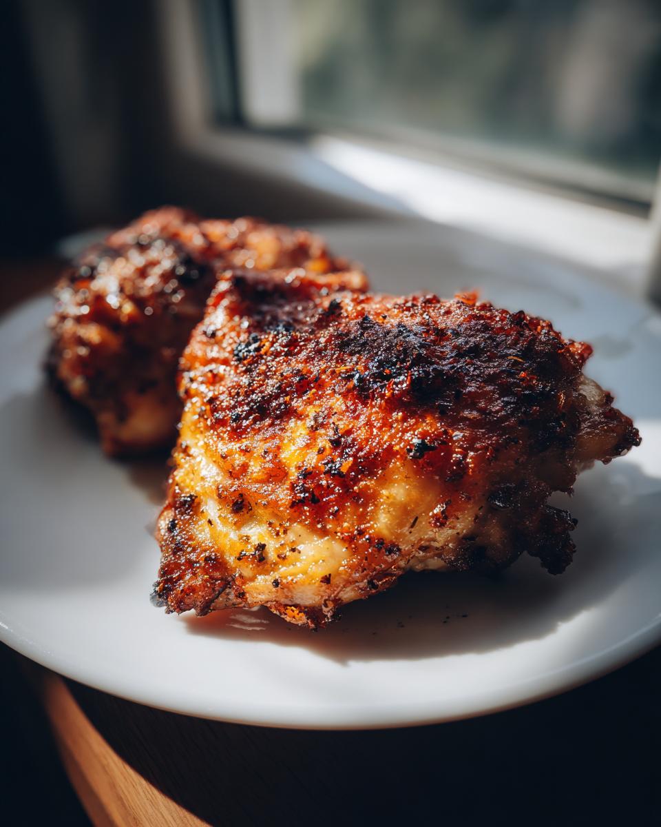 Two Extra Crispy Chicken Thighs with dark, seasoned, crackling skin resting on a white plate.