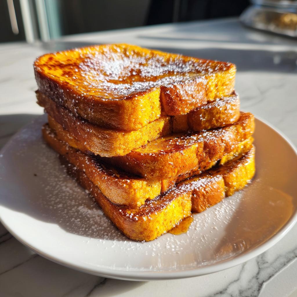 A tall stack of golden Fall Pumpkin French Toast Breakfast Recipe slices dusted with powdered sugar.