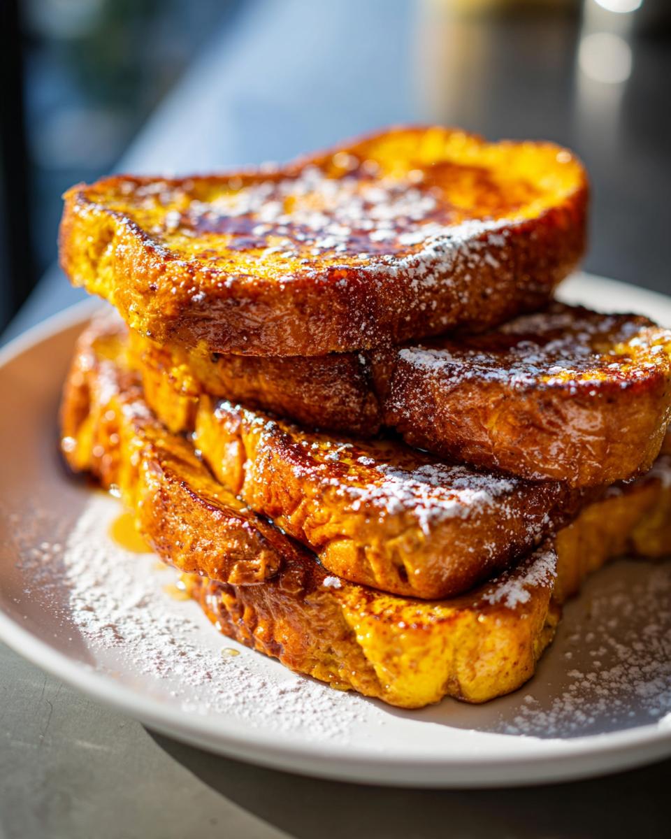 A tall stack of golden brown Fall Pumpkin French Toast dusted generously with powdered sugar.
