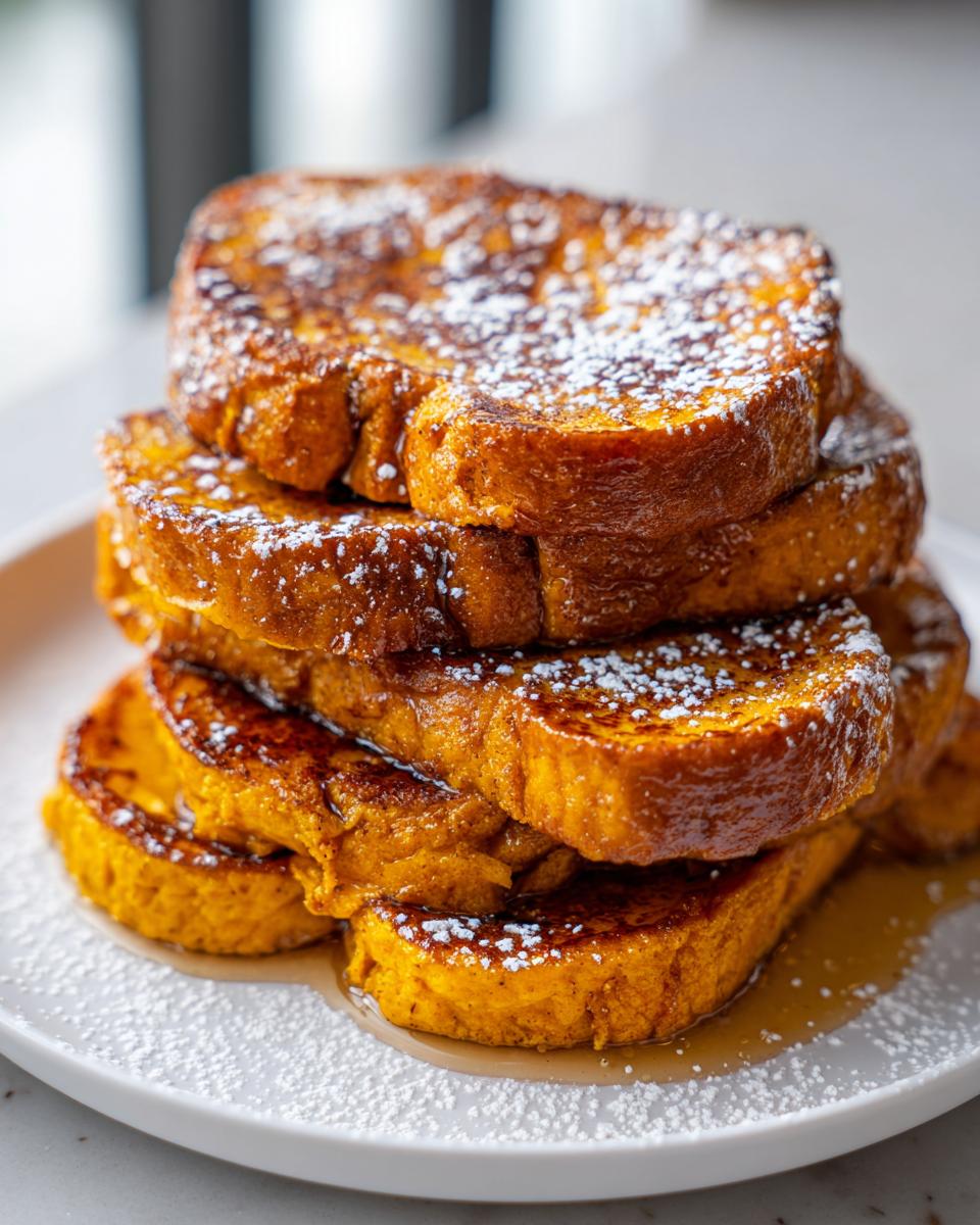 A tall stack of golden Fall Pumpkin French Toast slices dusted with powdered sugar and drizzled with syrup.