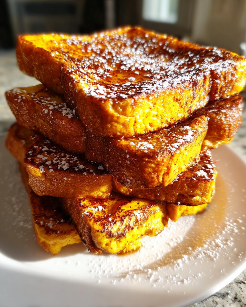 A tall stack of golden Fall Pumpkin French Toast Recipe slices dusted heavily with powdered sugar on a white plate.