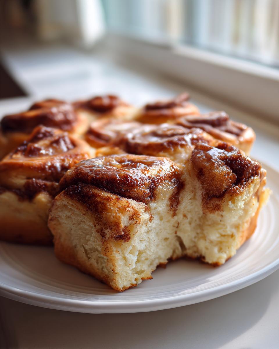 Close-up of warm, fluffy Breakfast Rolls with a sticky cinnamon glaze, showing the soft interior texture.
