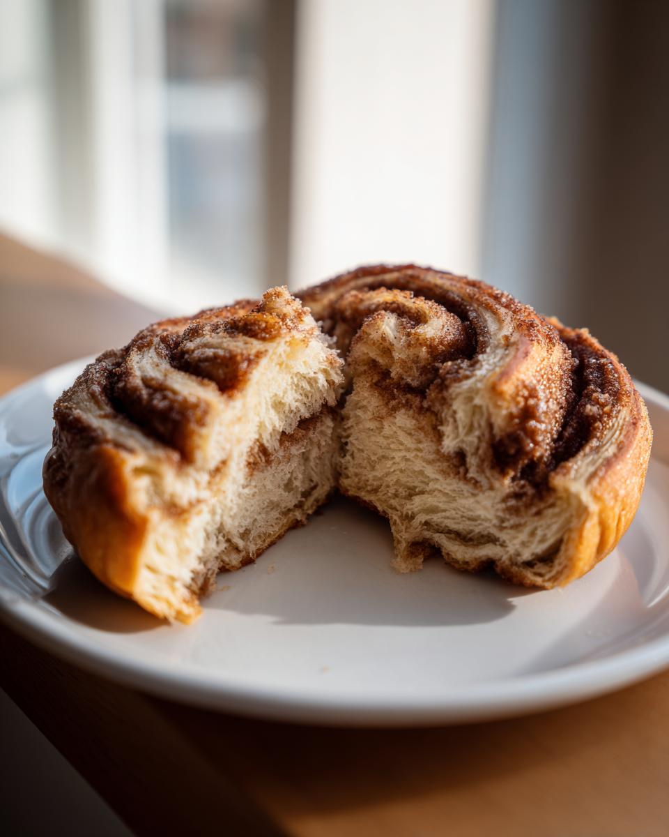 Close-up of a warm, fluffy Breakfast Roll split in half showing the swirled cinnamon filling.