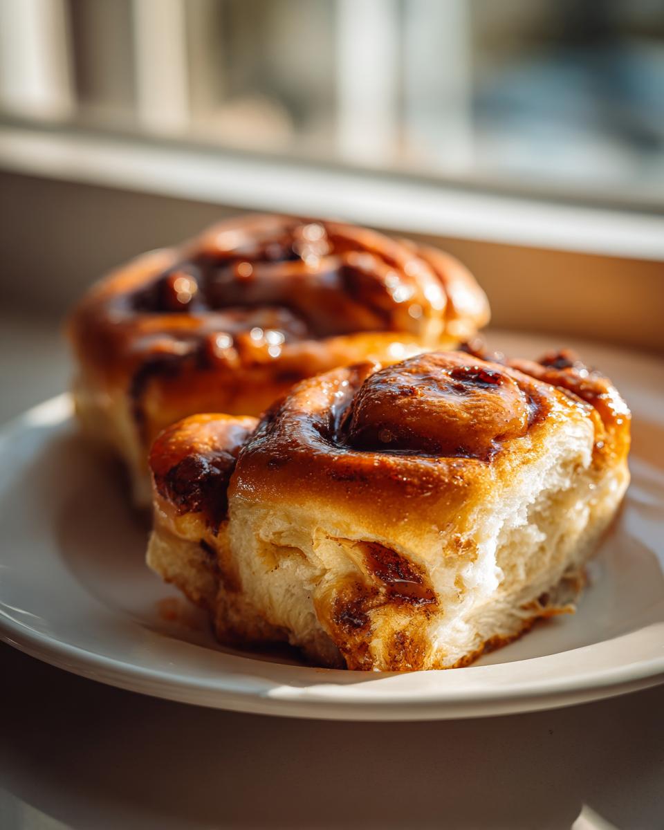 Two warm, fluffy Breakfast Rolls with a sticky glaze resting on a white plate near a window.