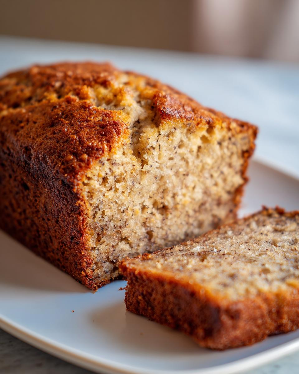 Close-up of a freshly baked loaf of foolproof banana bread with one slice cut and resting beside it.