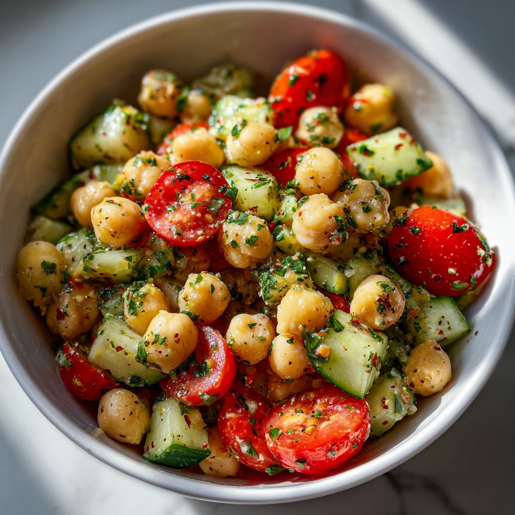 A vibrant bowl of Fresh Mediterranean Chickpea Salad featuring chickpeas, chopped cucumbers, and halved cherry tomatoes tossed in herbs.