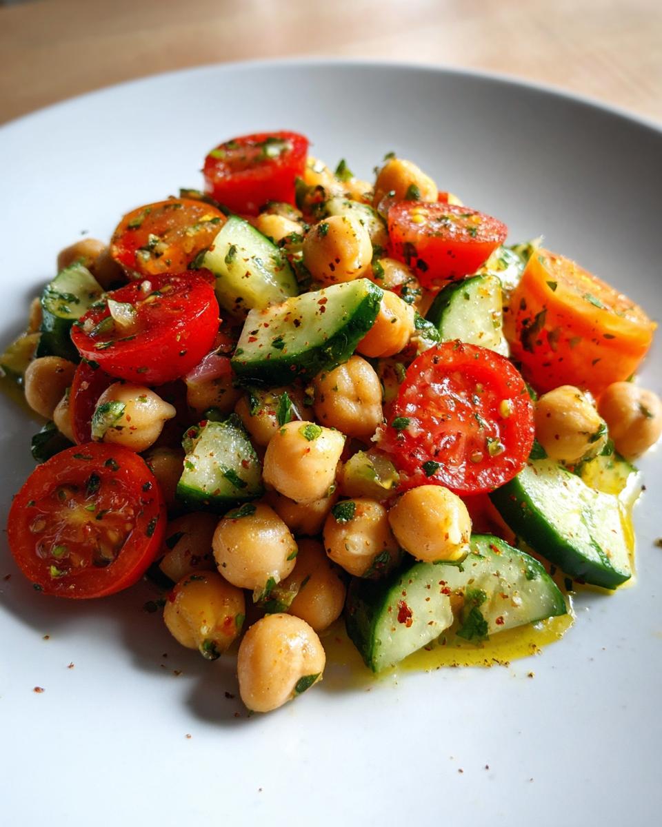 Close-up of a vibrant Fresh Mediterranean Chickpea Salad featuring chickpeas, halved cherry tomatoes, and sliced cucumbers.
