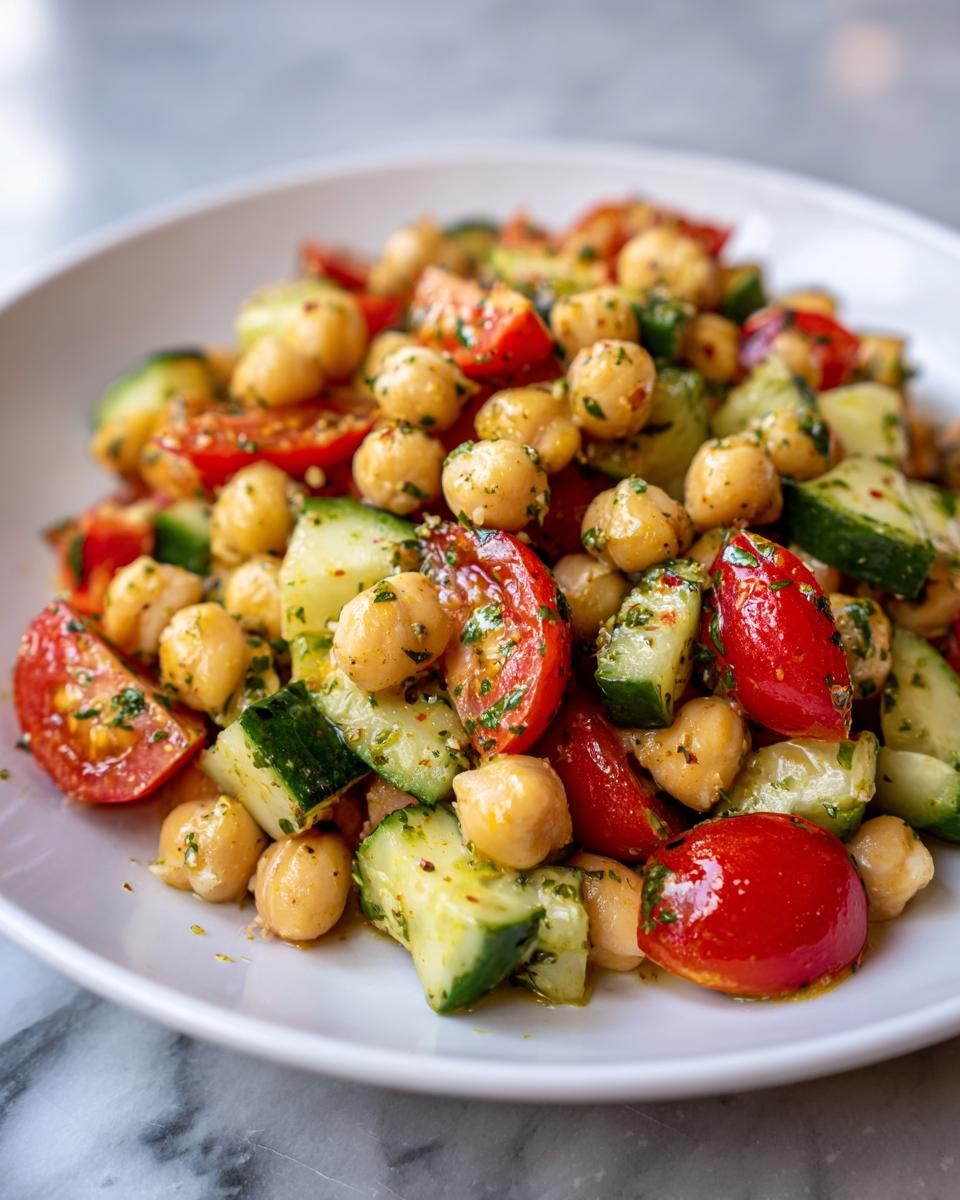A vibrant close-up of Fresh Mediterranean Chickpea Salad featuring chickpeas, chopped cucumbers, and bright red tomatoes tossed in a light dressing.