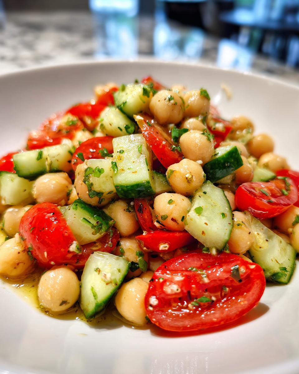 A close-up view of Fresh Mediterranean Chickpea Salad featuring chickpeas, chopped cucumbers, and halved cherry tomatoes coated in dressing.