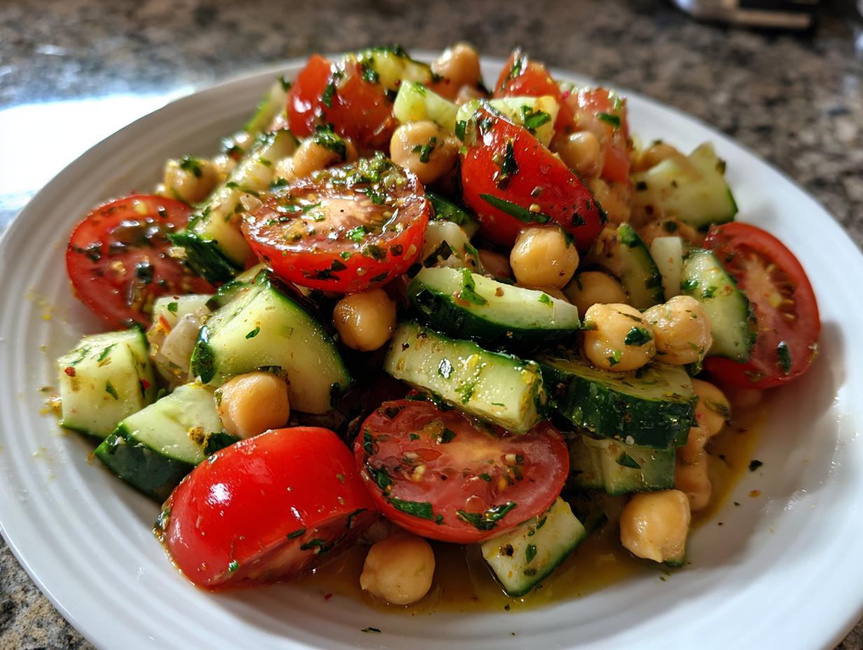 Close-up of Fresh Mediterranean Chickpea Salad featuring chickpeas, chopped cucumbers, and halved cherry tomatoes tossed in dressing.