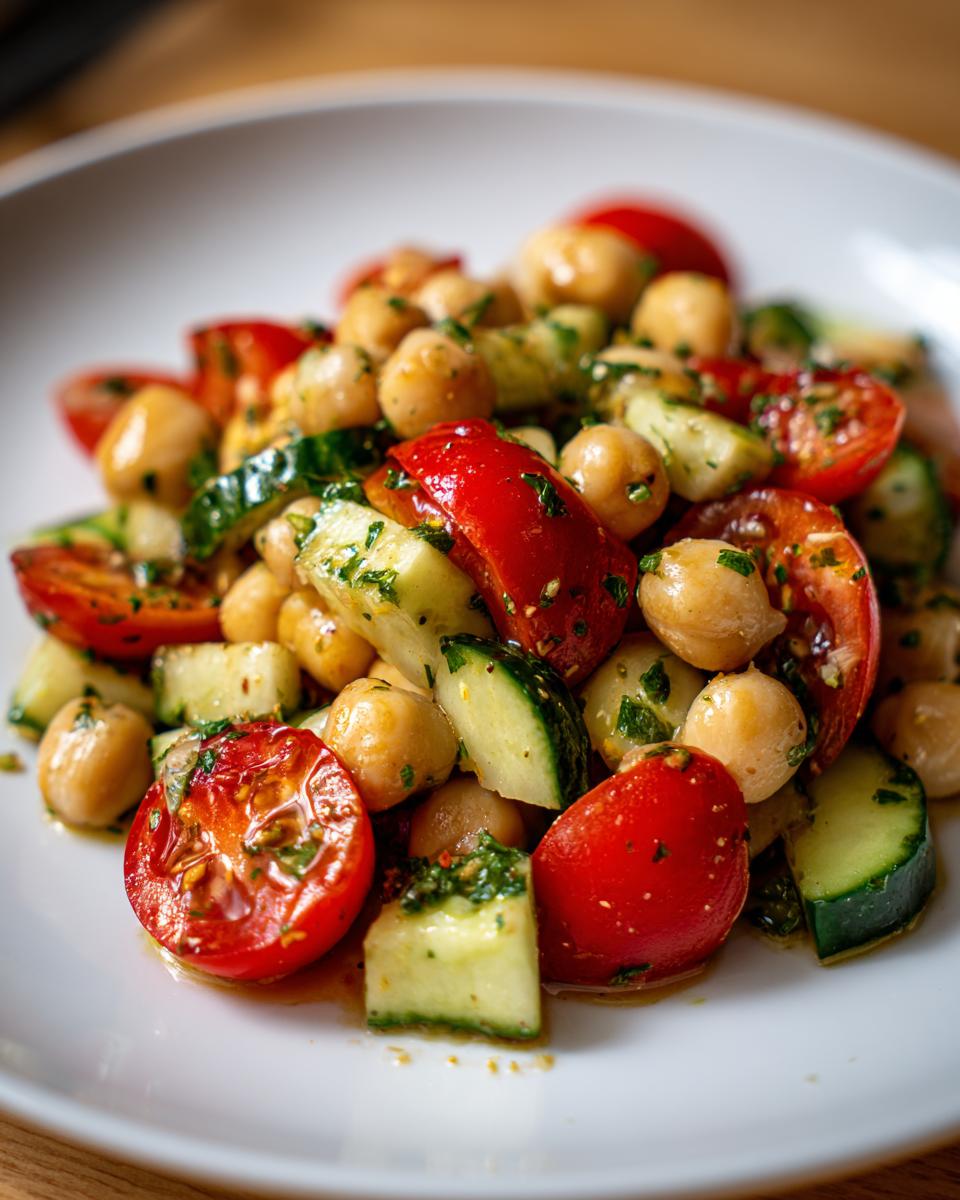 Close-up of Fresh Mediterranean Chickpea Salad featuring chickpeas, chopped tomatoes, and cucumbers tossed in a light dressing.