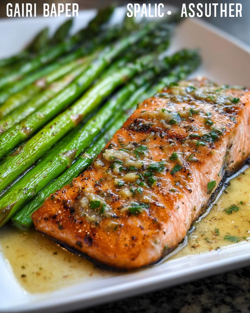 Close-up of a perfectly cooked fillet of Garlic Butter Salmon & Asparagus on a white plate.