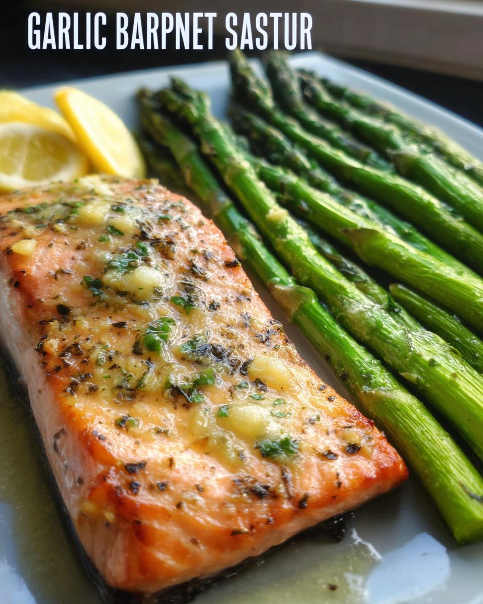 Close-up of a perfectly cooked fillet of Garlic Butter Salmon & Asparagus served with lemon wedges.