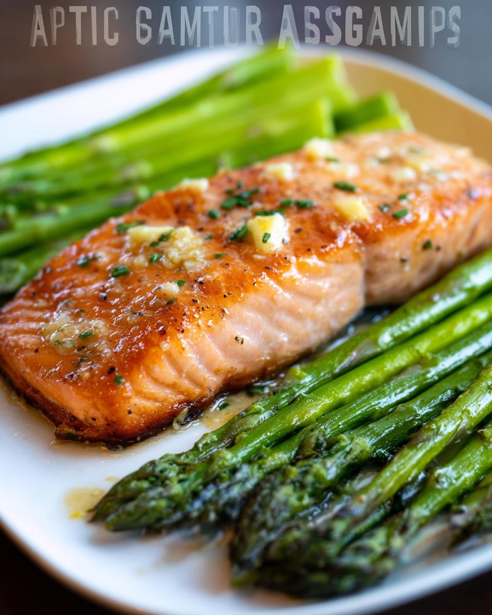 Close-up of a perfectly cooked salmon fillet topped with garlic butter next to bright green asparagus spears.
