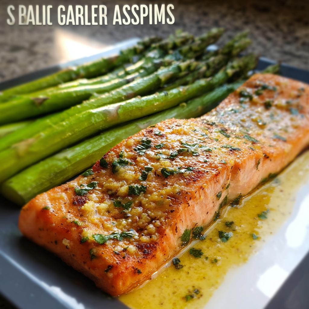 A perfectly cooked fillet of salmon topped with minced garlic butter and parsley, served alongside bright green asparagus.