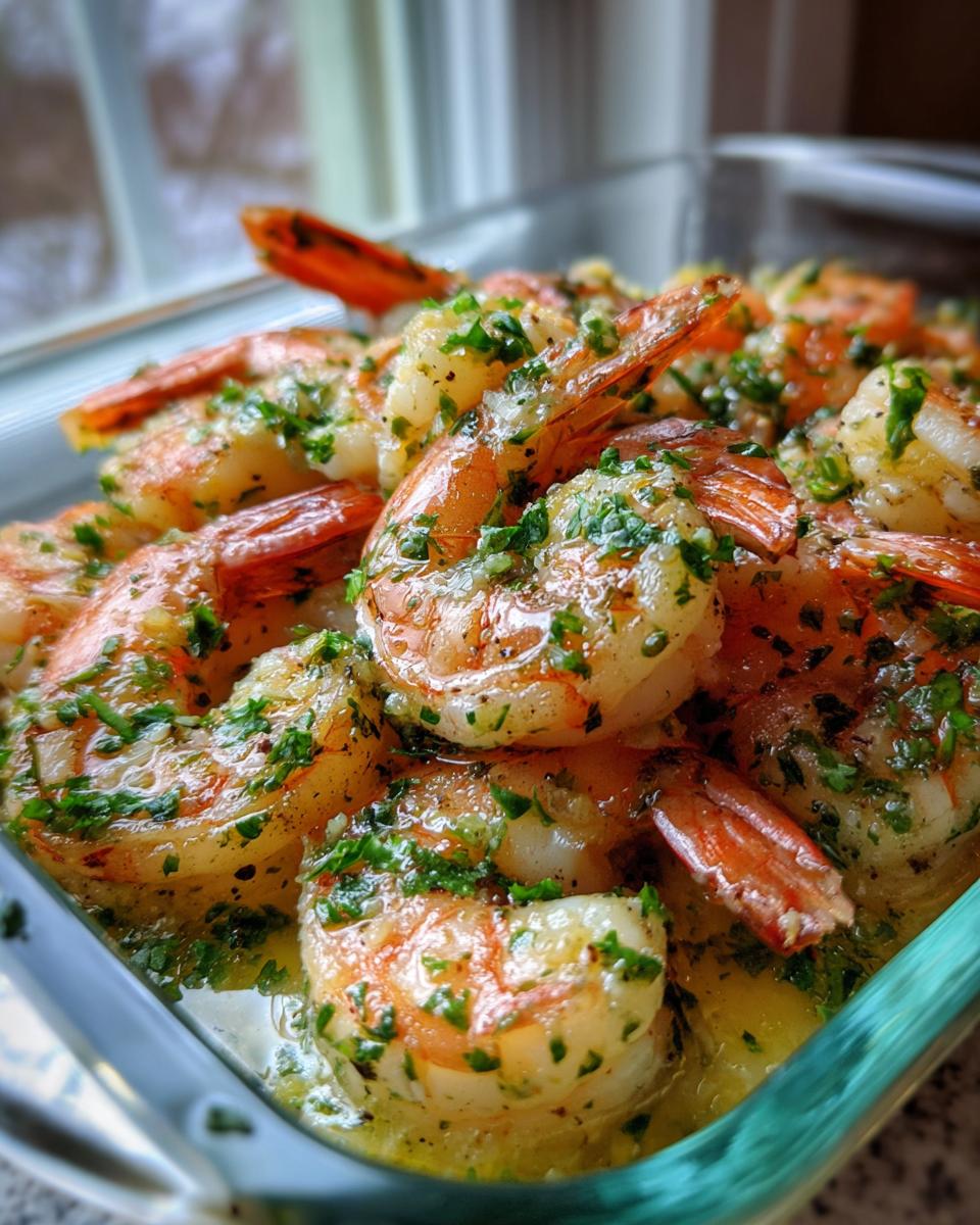 Close-up of cooked Garlic Butter Shrimp Meal Prep glistening in butter sauce and topped with fresh parsley in a glass container.