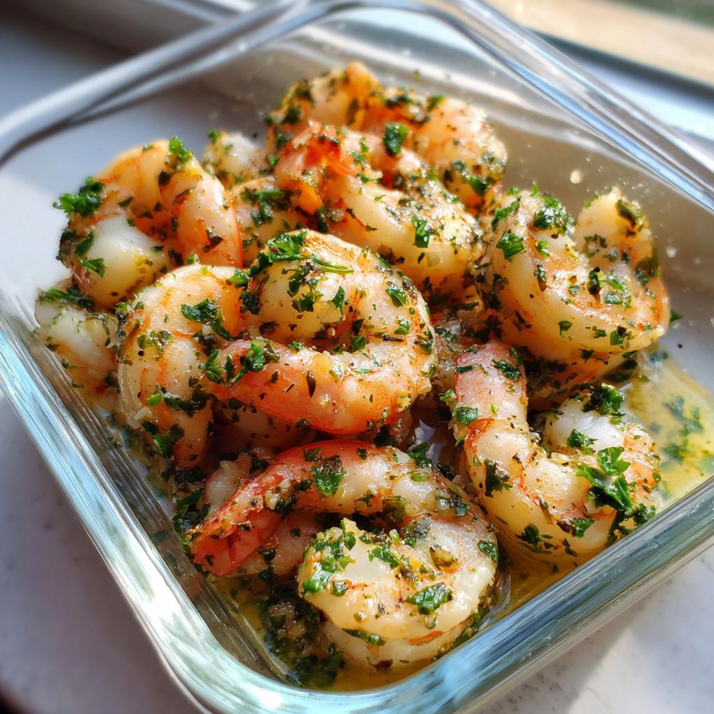 Close-up of cooked Garlic Butter Shrimp Meal Prep seasoned with parsley in a clear glass container.