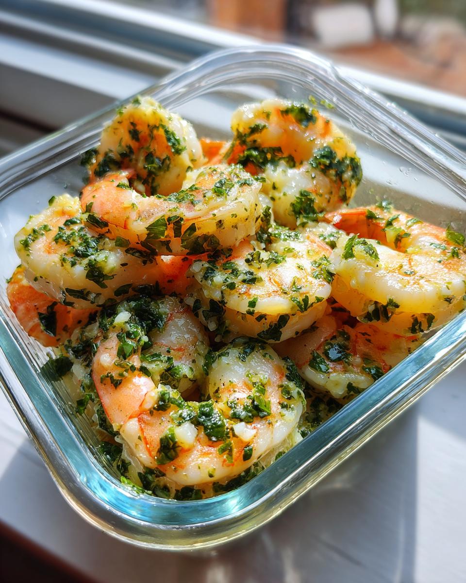 Close-up of cooked Garlic Butter Shrimp Meal Prep seasoned with parsley and garlic in a clear glass container.