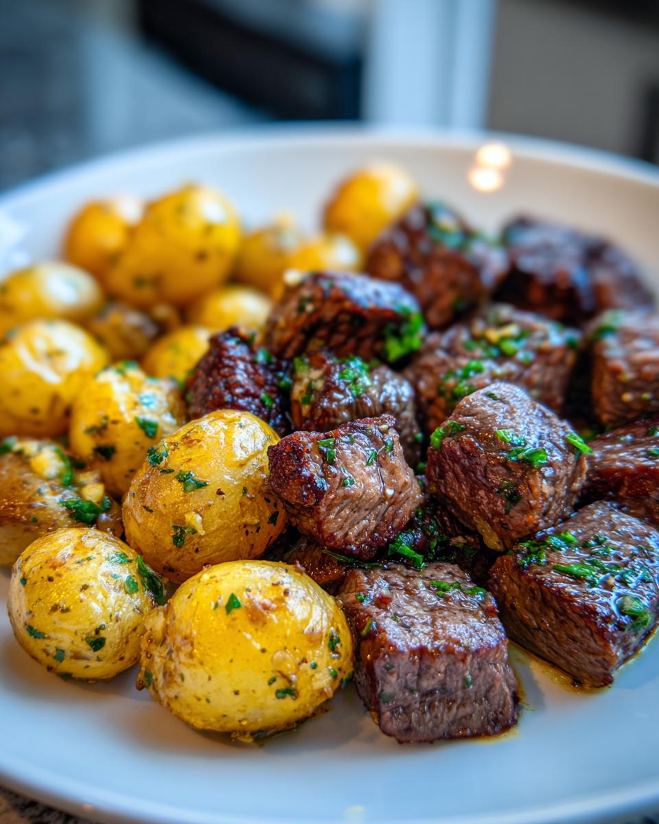 Close-up of Irresistible Garlic Butter Steak Bites & Potatoes glistening with sauce and herbs.