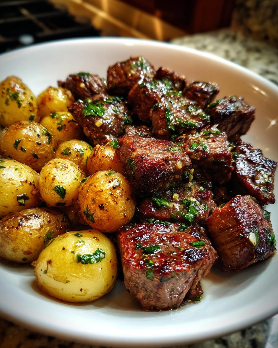 Close-up of Irresistible Garlic Butter Steak Bites & Potatoes coated in garlic butter sauce and parsley.
