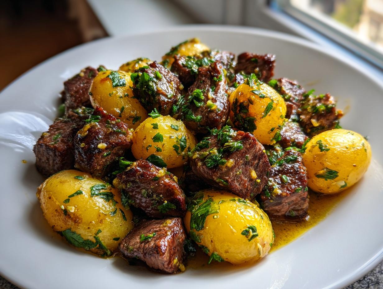 A plate of Garlic Butter Steak Bites & Potatoes coated in a rich, garlicky sauce and fresh parsley.