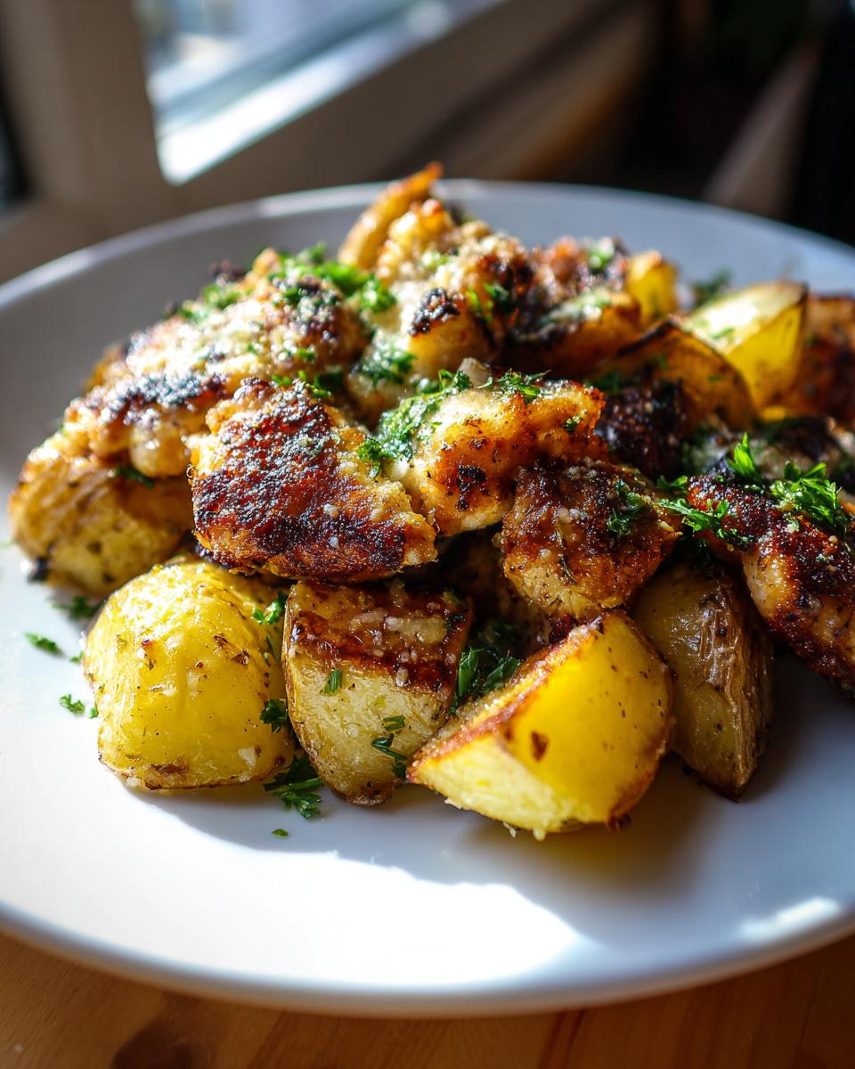 Close-up of golden brown Garlic Parmesan Chicken and Potatoes topped with grated cheese and fresh parsley.