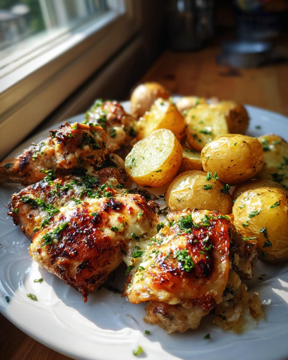Close-up of golden brown Garlic Parmesan Chicken and Potatoes garnished with fresh parsley.