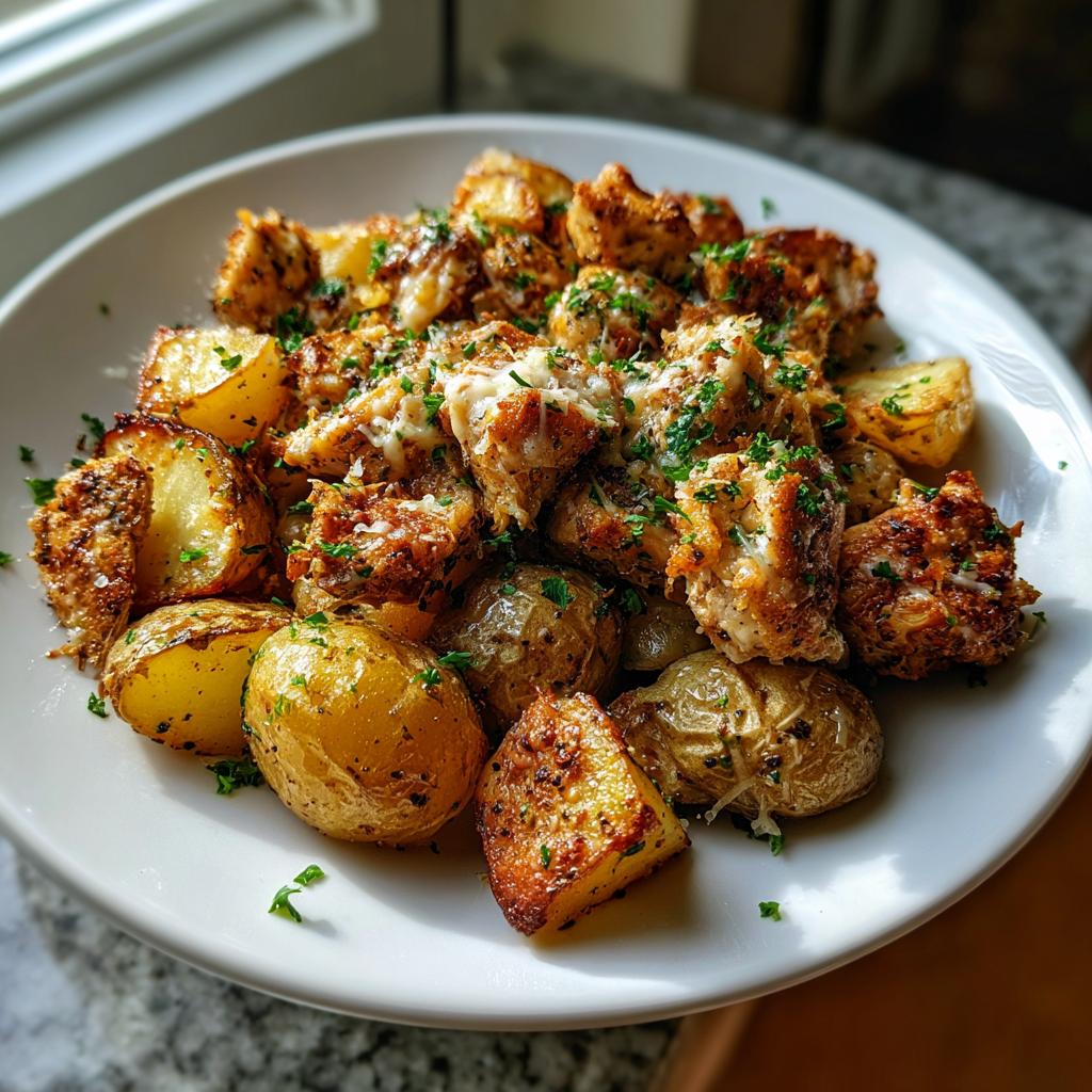 A white plate piled high with golden roasted potatoes and seasoned chicken pieces, topped with melted cheese and fresh parsley for Garlic Parmesan Chicken and Potatoes.