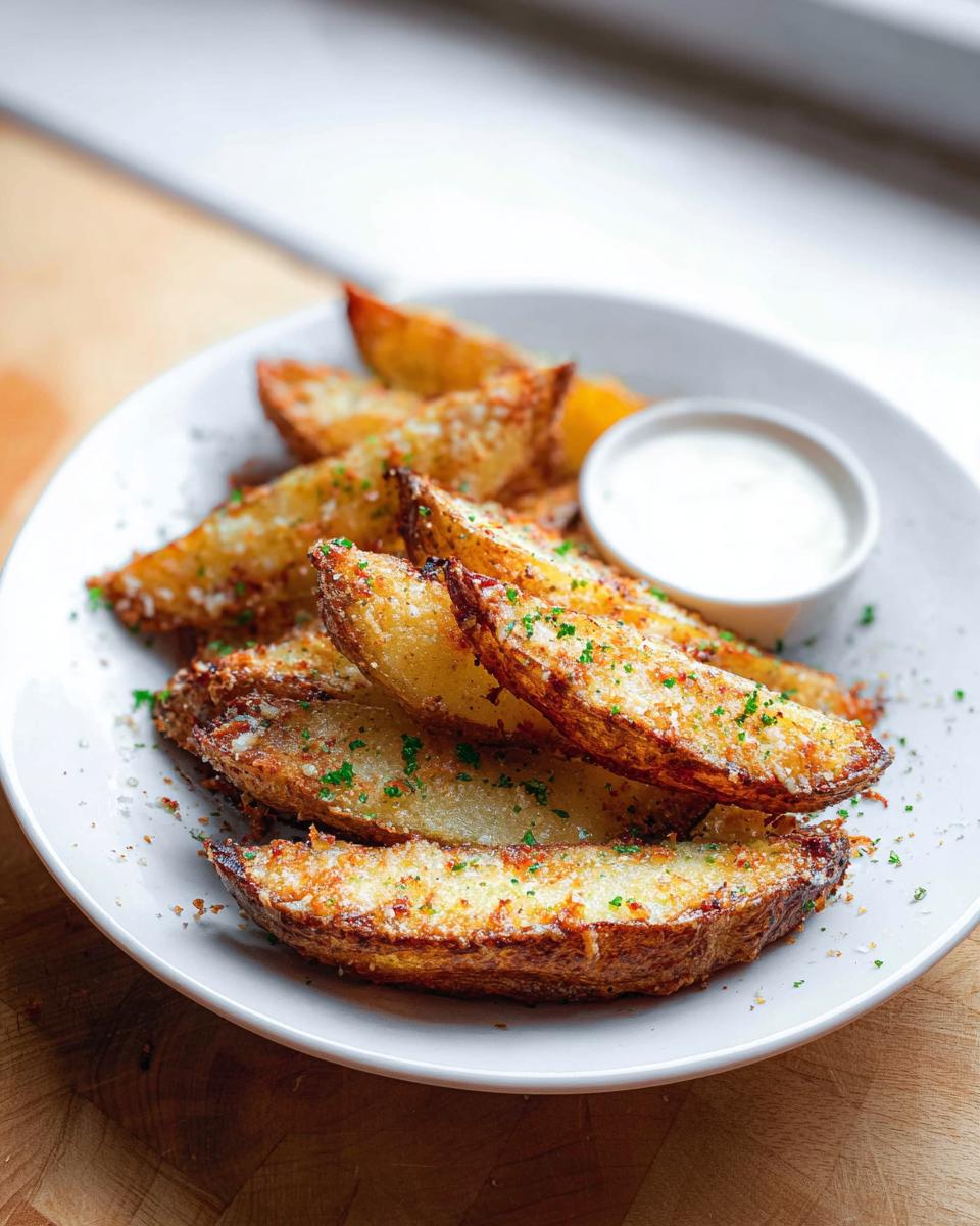A plate of golden brown, crispy Garlic Parmesan Potato Wedges topped with grated cheese and parsley, served with a side of white dipping sauce.