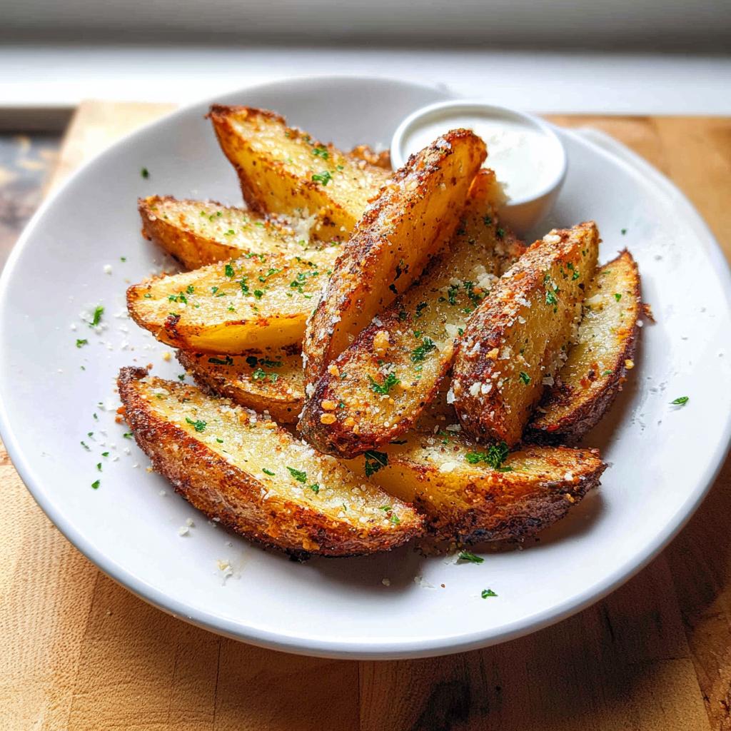 A serving of crispy, golden-brown Garlic Parmesan Potato Wedges sprinkled with grated cheese and parsley, with a side of dipping sauce.