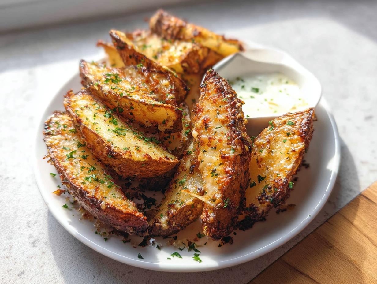 A plate of crispy, golden brown Garlic Parmesan Potato Wedges topped with fresh parsley and served with a side of dipping sauce.
