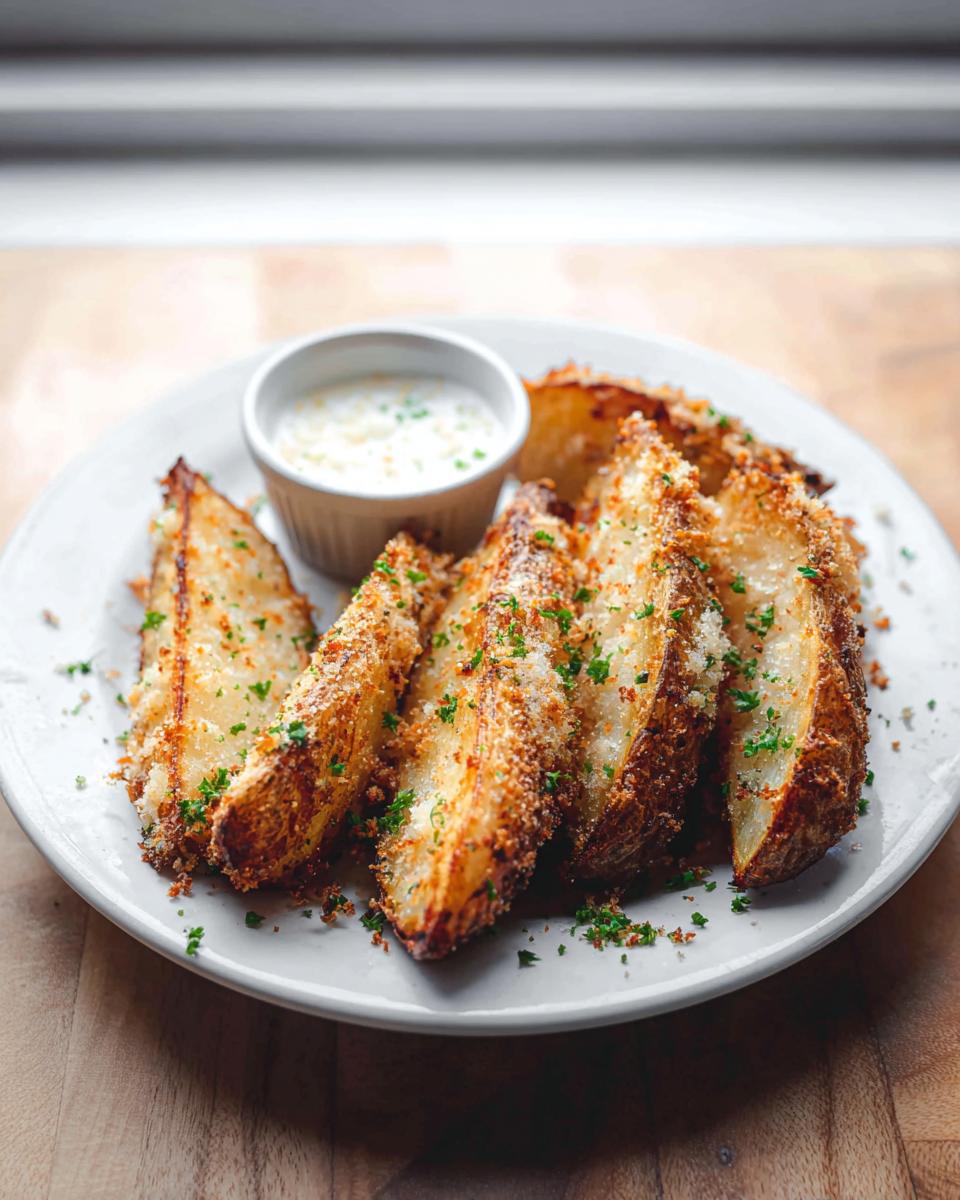 A plate of crispy Garlic Parmesan Potato Wedges sprinkled with parsley and served with a side of creamy dipping sauce.
