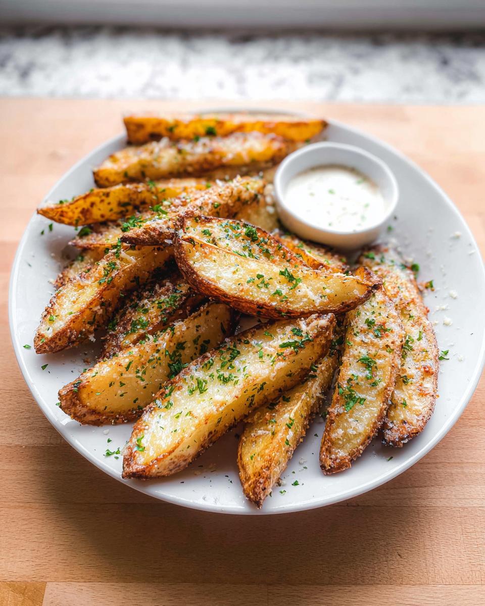A plate piled high with crispy, golden Garlic Parmesan Potato Wedges, topped with grated cheese and fresh parsley, served with a dipping sauce.