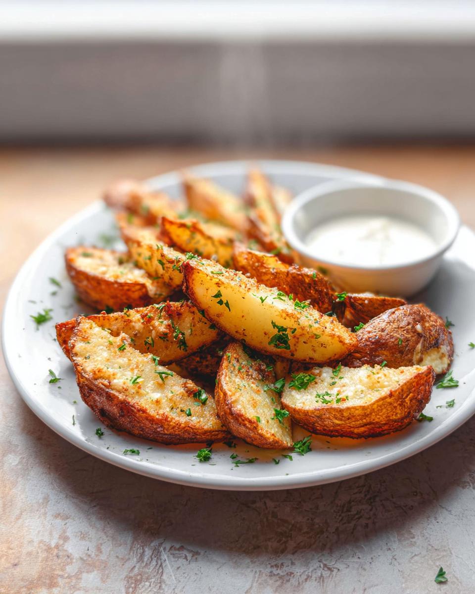 Close-up of hot, crispy Garlic Parmesan Potato Wedges sprinkled with parsley, served with a side of dipping sauce.