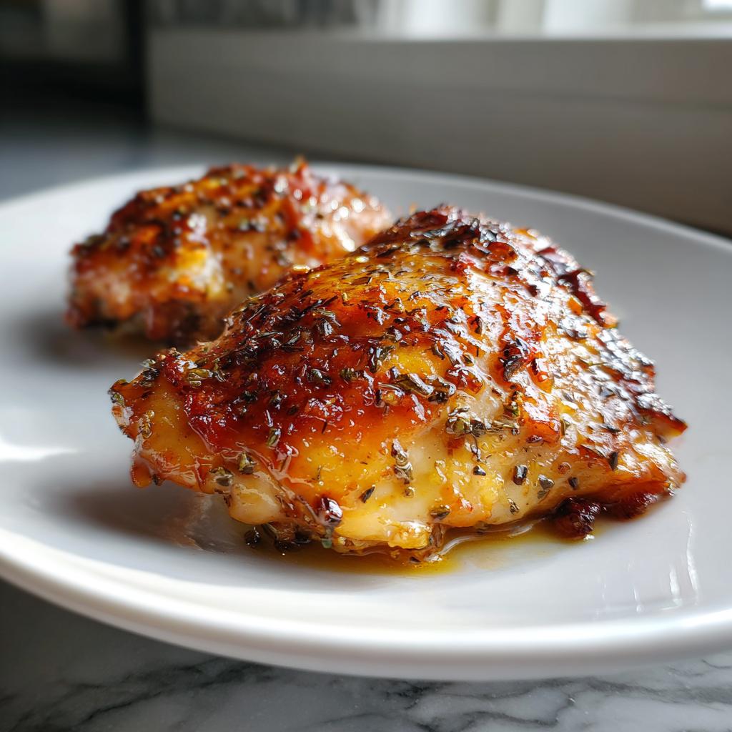 Close-up of two perfectly glazed and seasoned chicken thighs, one of 19 Chicken Thigh Recipes That Save Weeknight Dinners.