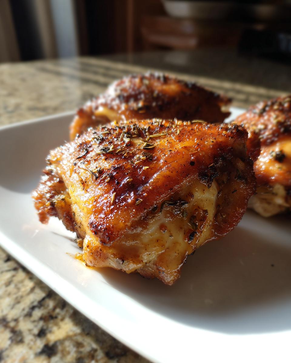 Close-up of three glazed, seasoned chicken thighs, perfect for easy crockpot chicken thigh recipes.