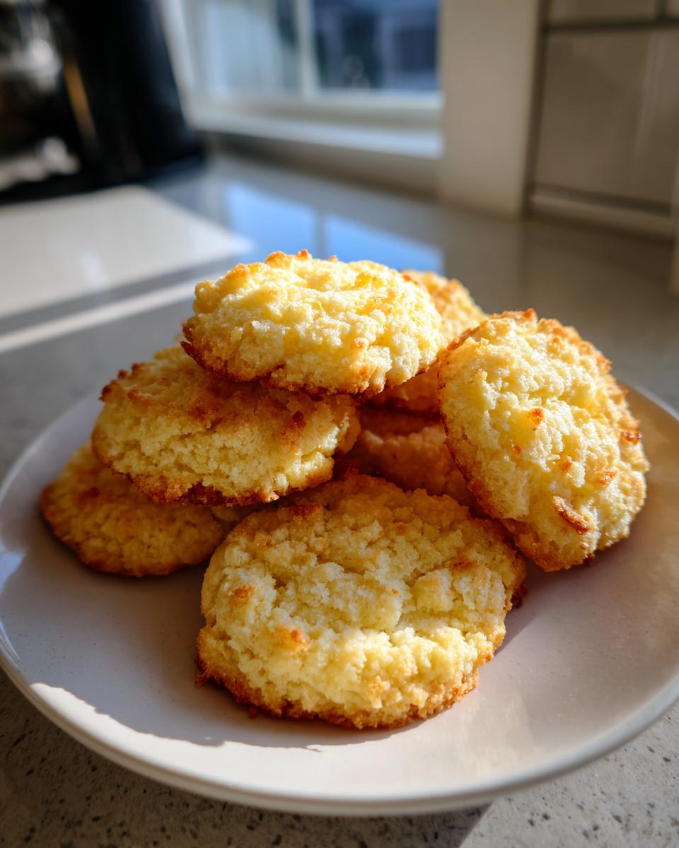 A stack of golden brown, crumbly shortbread cookies resting on a light-colored plate near a window.