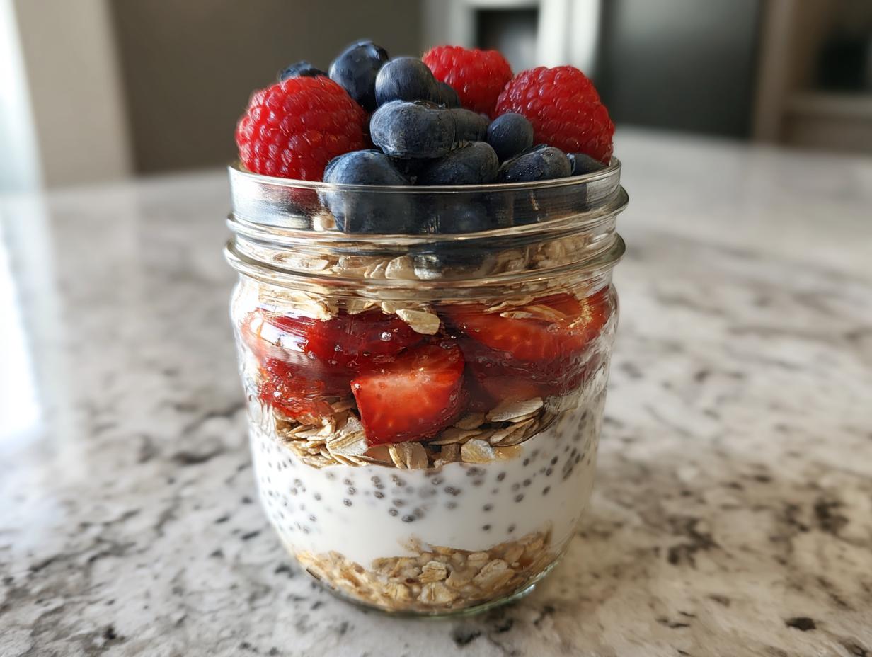 Overnight chia pudding parfait layered with oats, strawberries, blueberries, and raspberries, perfect for grab-and-go breakfast ideas.