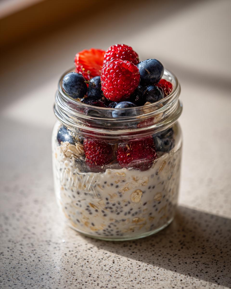 Overnight oats in a jar topped with fresh raspberries, blueberries, and a strawberry slice, perfect for grab-and-go breakfast ideas.