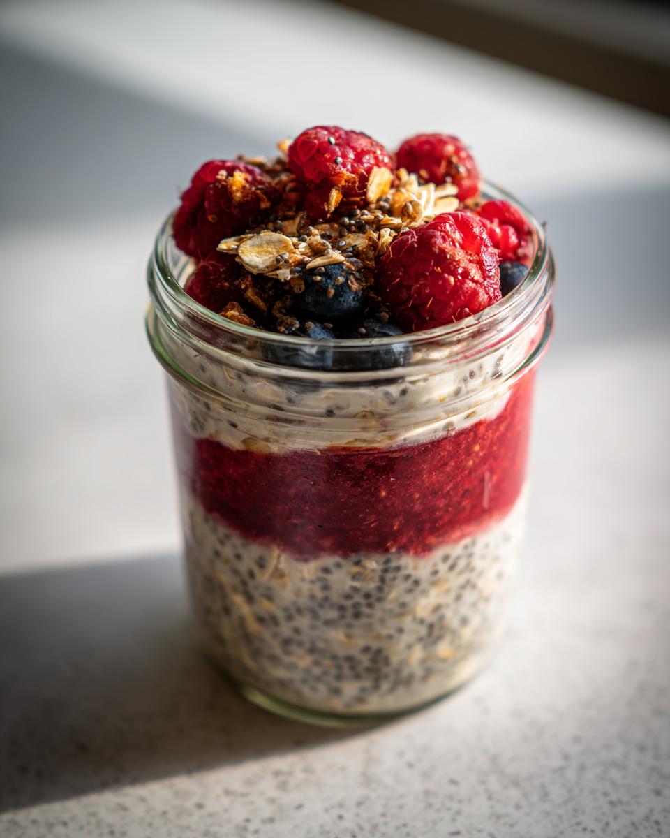 A jar of layered chia overnight oats topped with raspberry puree, fresh berries, and granola for a grab-and-go breakfast idea.